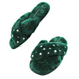 Victoria's Secret Green Slippers Womens Small Faux Fur Slides Pearl Accents Soft